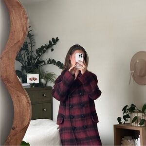 Coach Coat Double Breasted Peacoat in Cranberry Red Plaid